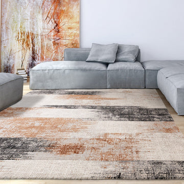Kuza Lines Ikat Modern Abstract Distressed Shimmer Hi-Lo Textured Soft Velvety Touch High-Density Durable Easy-Care Short Pile Terracotta/Light Grey/Black/Ivory Rug-Asiatic Carpets-Rug Love - The Most Loved Rug Store